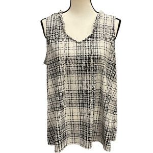 Ryan Wythe Womens Top Plus Sz 1X Sleeveless Tank Black White Ivory Plaid V-Neck